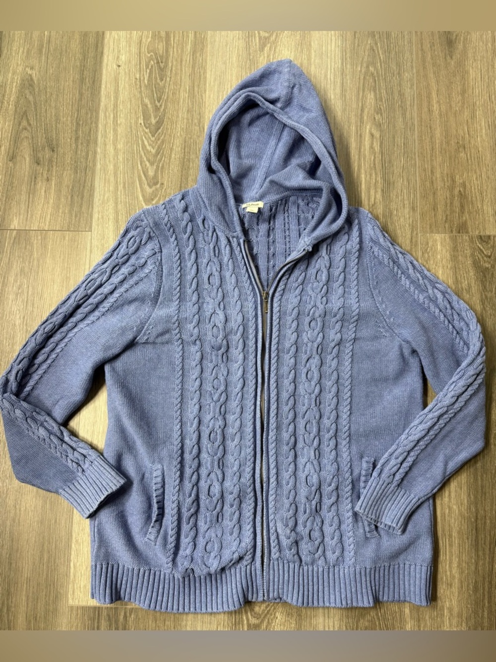 Vintage L.L. Bean Periwinkle Blue Cable-Knit Hooded Zip Cardigan 1X